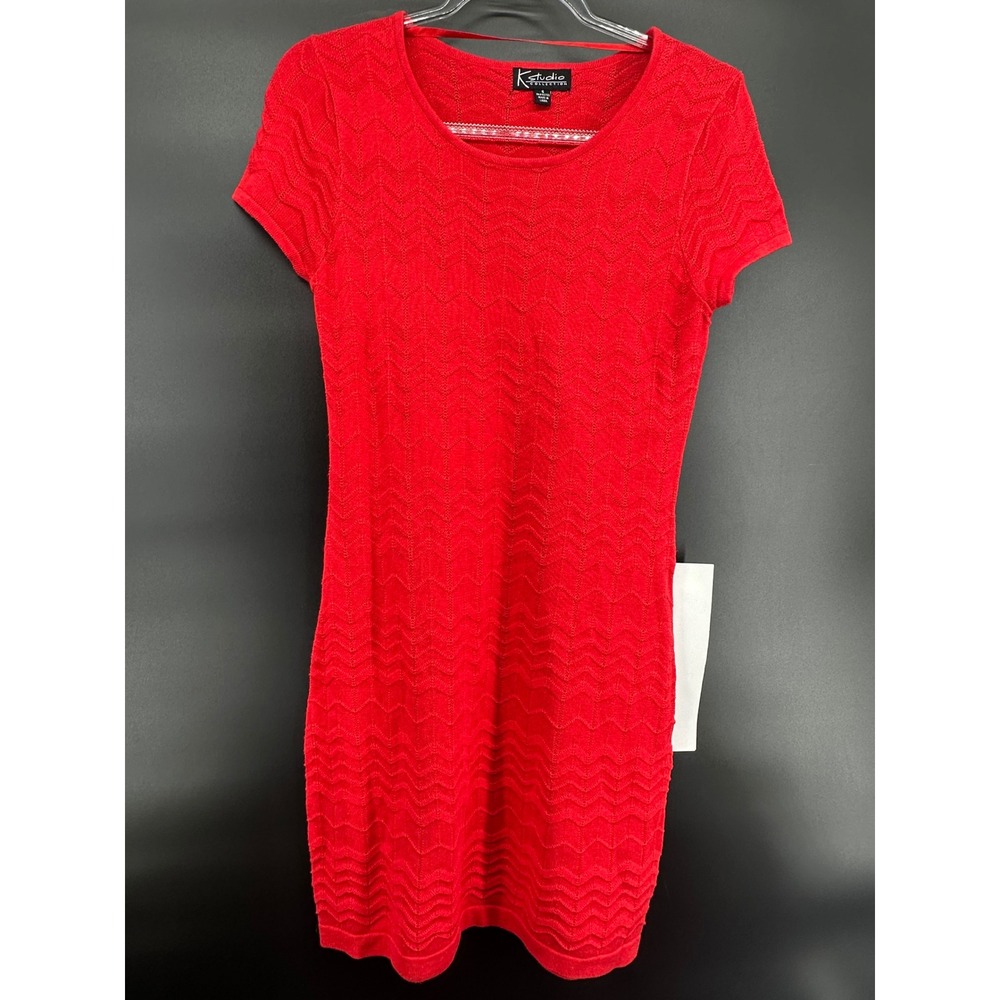 K Studio Red‎ Knit Bodycon Dress Small Chevron Textured Short Sleeve